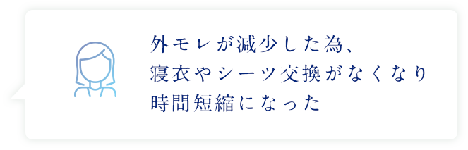 外モレが減少した為、寝衣やシーツ交換がなくなり時間短縮になった